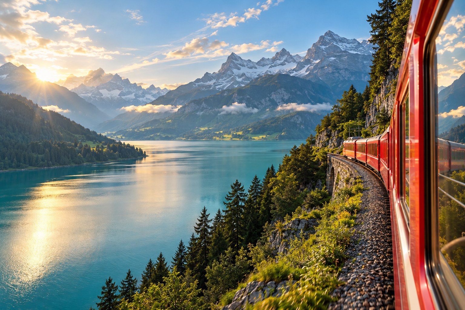 Illustrative passenger train travelling beside a sunlit Alpine lake